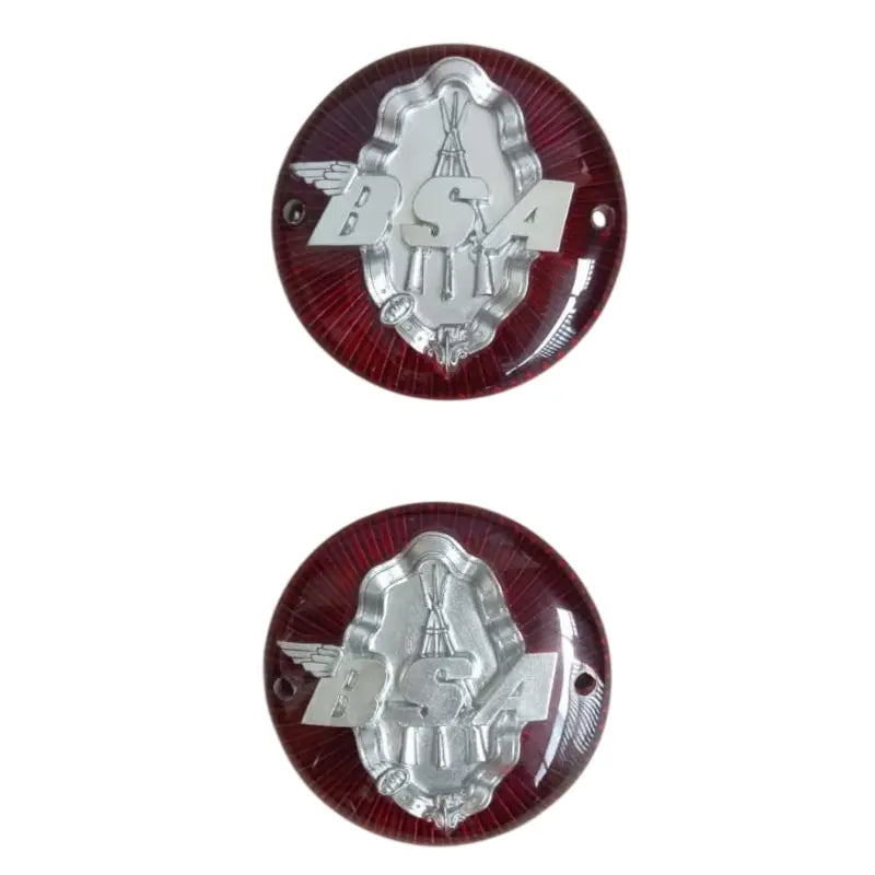 Two round BSA Lycal clear resin emblems with a BSA riffle logo on a white background