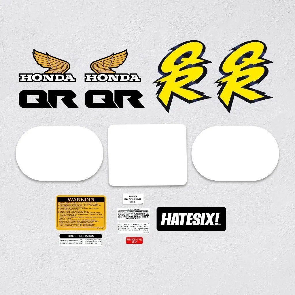 Set of motorcycle decals with Honda, QR, 50R 1995 on a gray background.