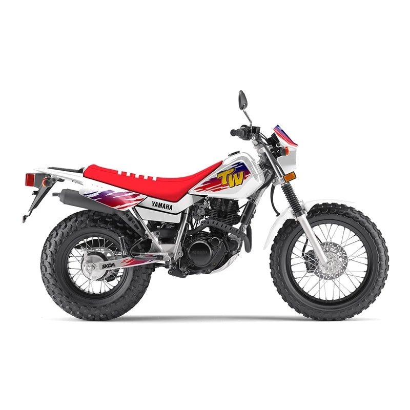 Yamaha TW225 reproduction vinyl motorcycle decals install on bike illustration