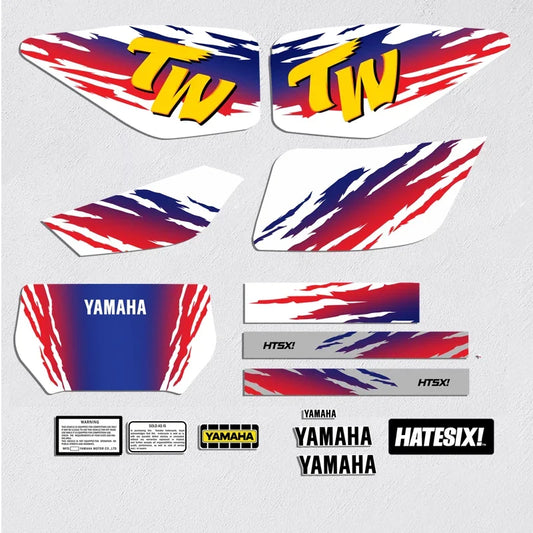 Yamaha TW225 reproduction vinyl motorcycle decals for fuel tank and side cover restoration