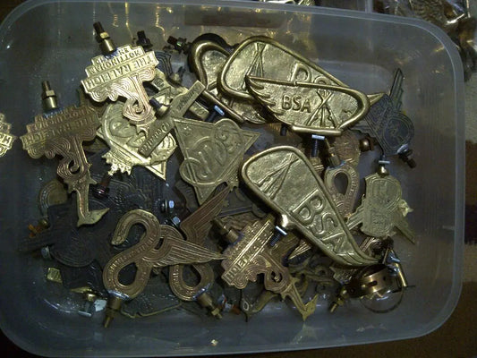  various handmade brass ornament bicycle and motorcycle front mudguard emblem badge vintagebikestore