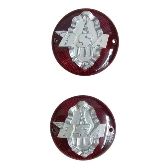 Two round BSA Lycal clear resin emblems with a BSA riffle logo on a white background