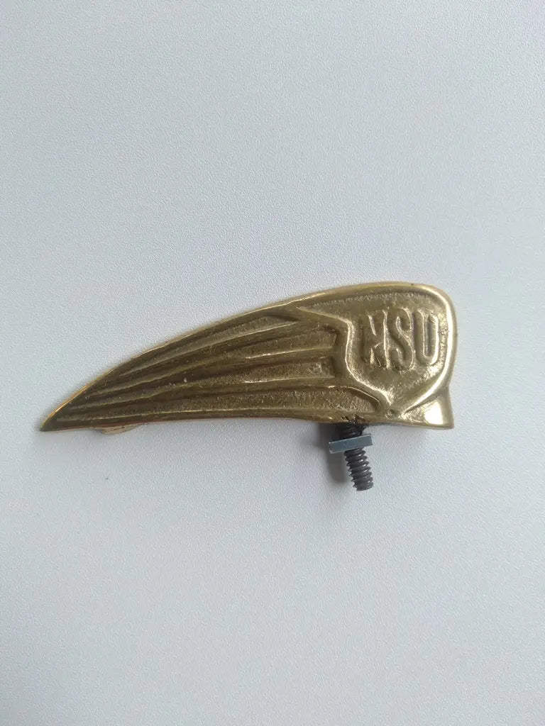 Handmade NSU brass logo front mudguard emblem badge for vintage bicycle right view