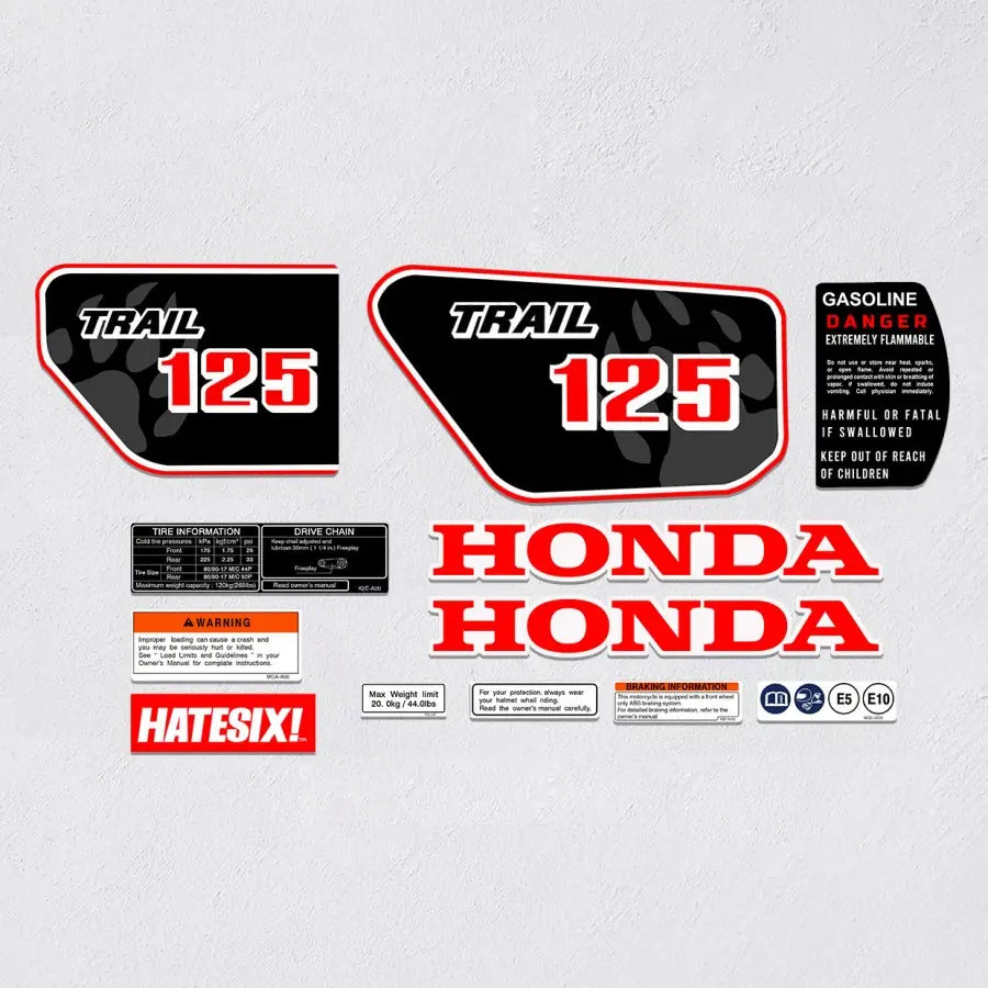 Honda CT125 Trail Hunter Cub Red Stripe reproduction decals for fuel tank and side cover restoration