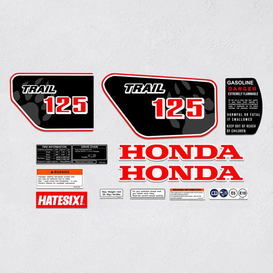 Honda CT125 Trail Hunter Cub Red Stripe reproduction decals for fuel tank and side cover restoration