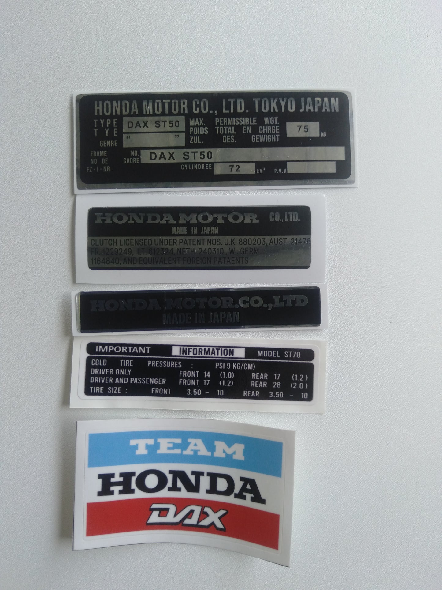 Set of Honda motor company labels and stickers on a white background