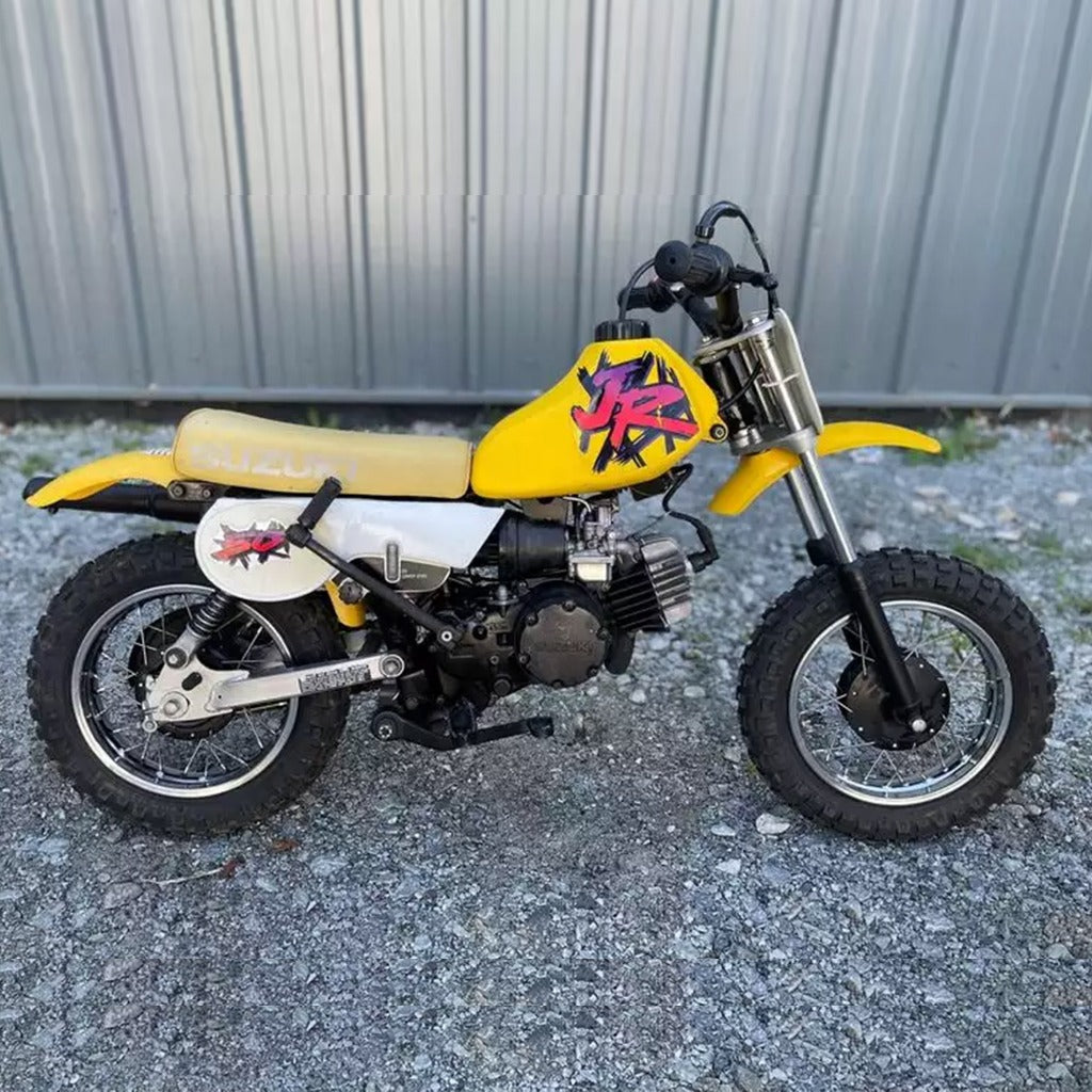 Suzuki JR 50 1994 Purple motorcycle decals reproduction tank and side cover graphics sticker set sample installation