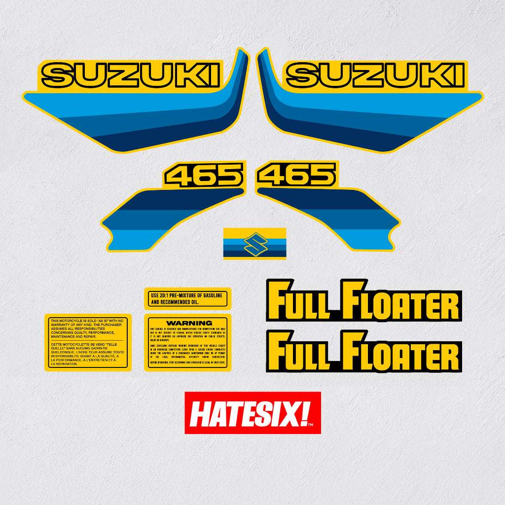 Suzuki motorcycle decals with model number 465 on a light gray background