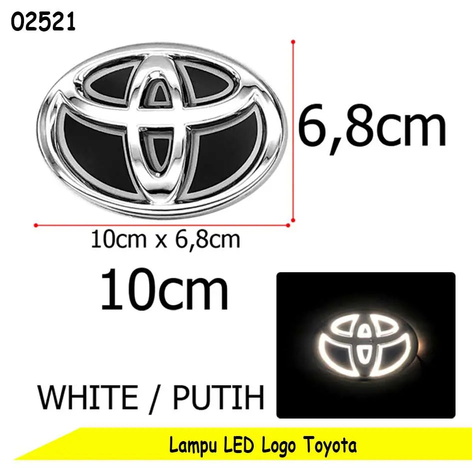 Toyota emblem LED light product graphic showing a chrome and black oval badge with dimension markings of 10cm x 6,8cm, plus a small inset of the illuminated white logo on a black background.