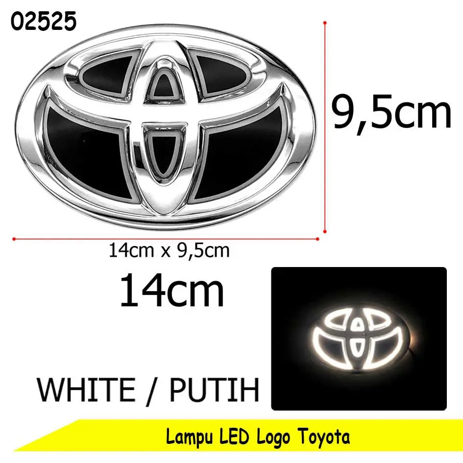 Toyota emblem LED light product image showing a chrome silver front view with dimensions 14cm x 9,5cm, white illuminated view in an inset, and text reading 'WHITE' and 'LED Logo Toyota'.