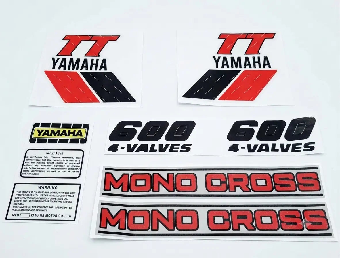 Yamaha motorcycle decals including 'TT Yamaha', '600 4-Valves', and 'Mono Cross' on a white background.