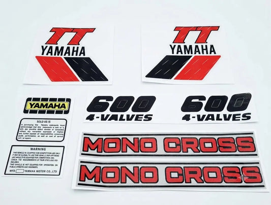 Yamaha motorcycle decals including 'TT Yamaha', '600 4-Valves', and 'Mono Cross' on a white background.