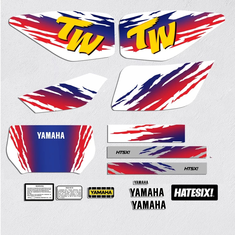 Yamaha TW225 reproduction vinyl motorcycle decals for fuel tank and side cover restoration