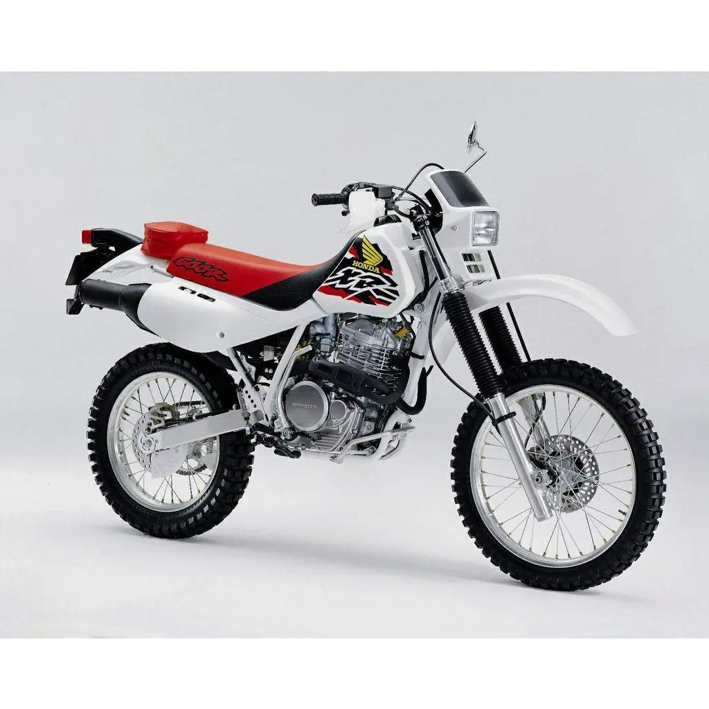 Installed perspective showing the 1998 Honda Baja XR replica decals on fuel tank and side covers.