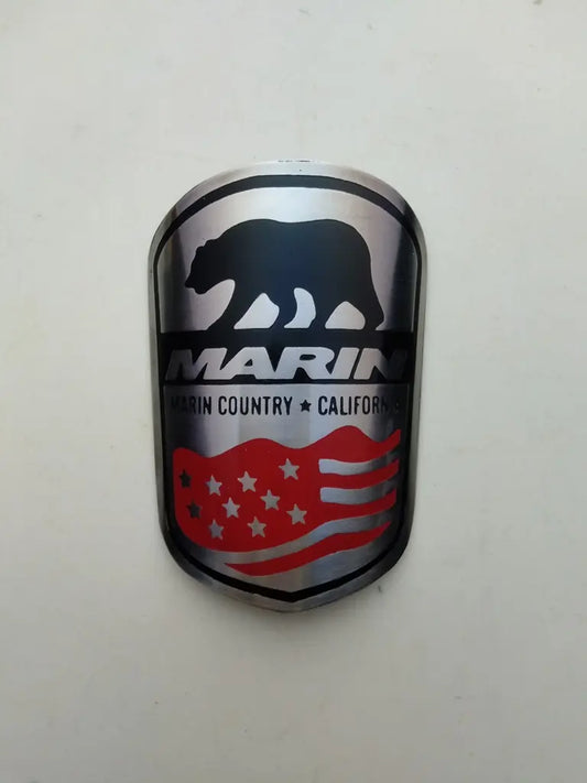Marin County California bicycle head badge emblem in etched handmade stainless steel reproduction.
