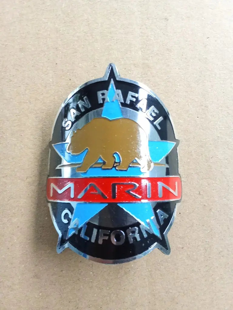 Marin San Rafael bicycle head badge emblem in etched handmade stainless steel reproduction.