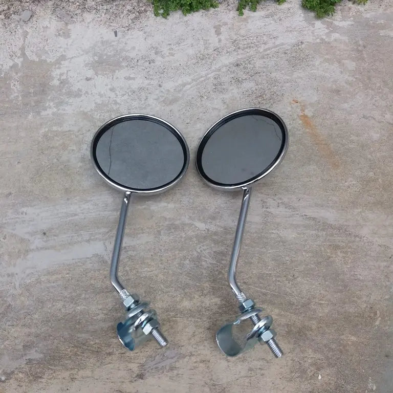 Taiwan-made round bicycle mirror pair with chrome metal clamps