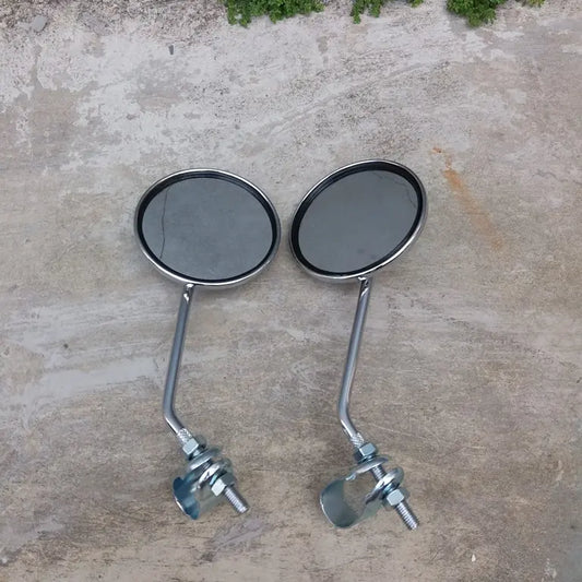Taiwan-made round bicycle mirror pair with chrome metal clamps