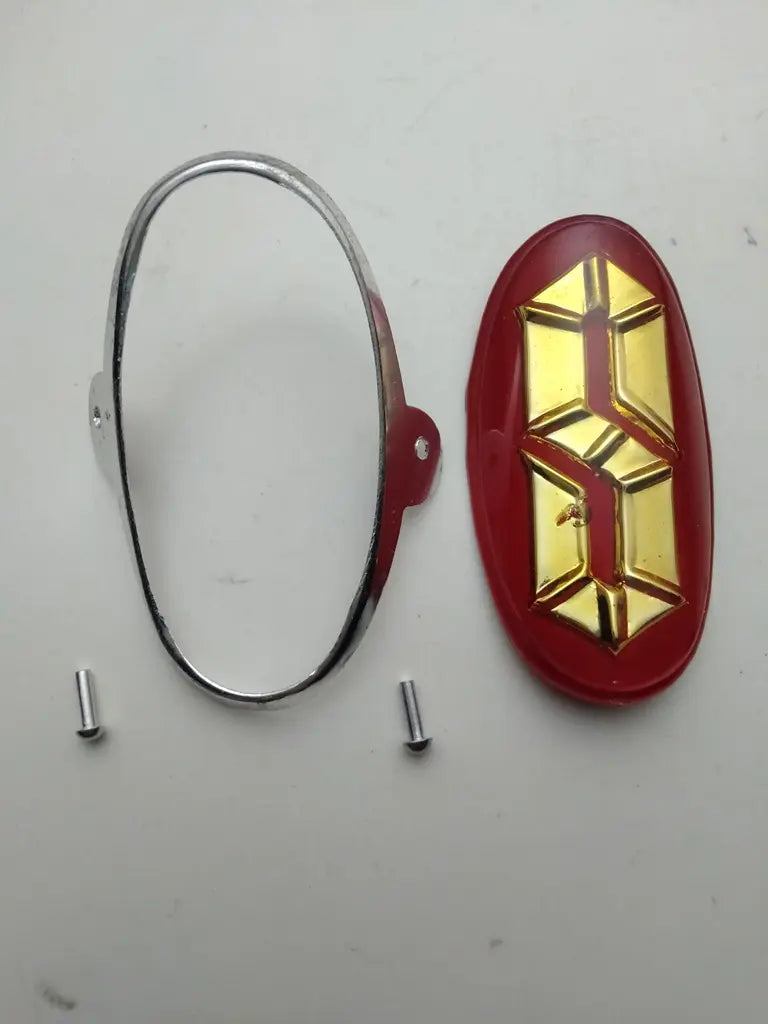 Sanki bicycle head badge molded enamel plastic red gold emblem