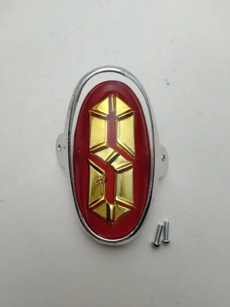 Sanki bicycle head badge red gold NOS enamel plastic emblem