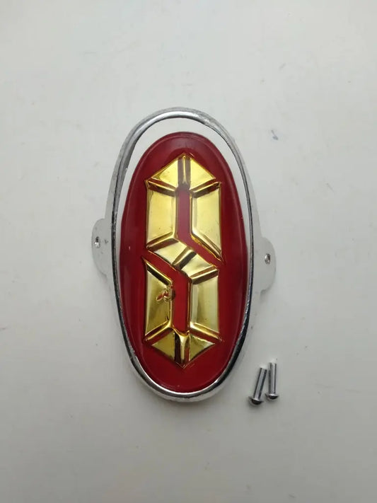 Sanki bicycle head badge red gold NOS enamel plastic emblem