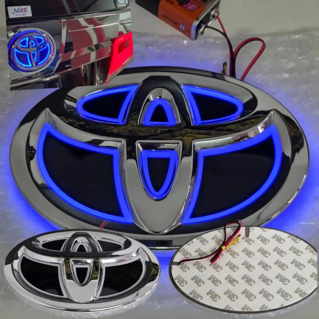 Toyota rear trunk emblem badge with vibrant blue LED illumination available in 12cm, 13cm, 14cm, and 15cm.